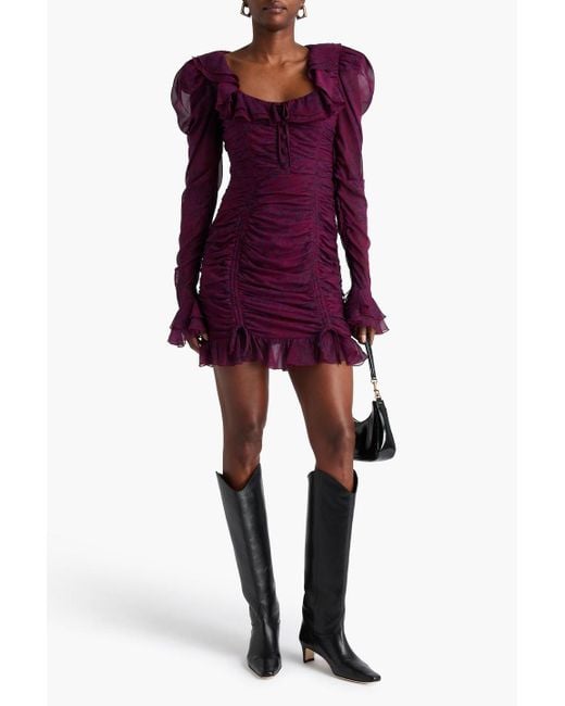 Alessandra Rich Purple Ruched Leopard-print Silk-georgette Mini Dress