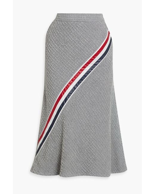 Thom Browne Gray Striped Shell-Paneled Frayed Cotton-Blend Tweed Midi Skirt