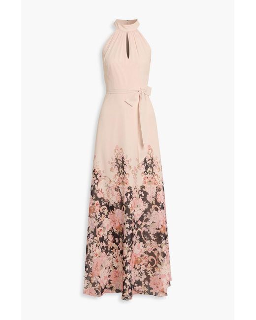 Mikael Aghal Pink Belted Floral-Print Chiffon Maxi Dress