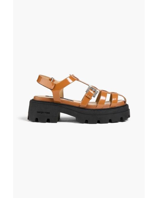 Sergio Rossi Brown Crystal-embellished Patent-leather Sandals