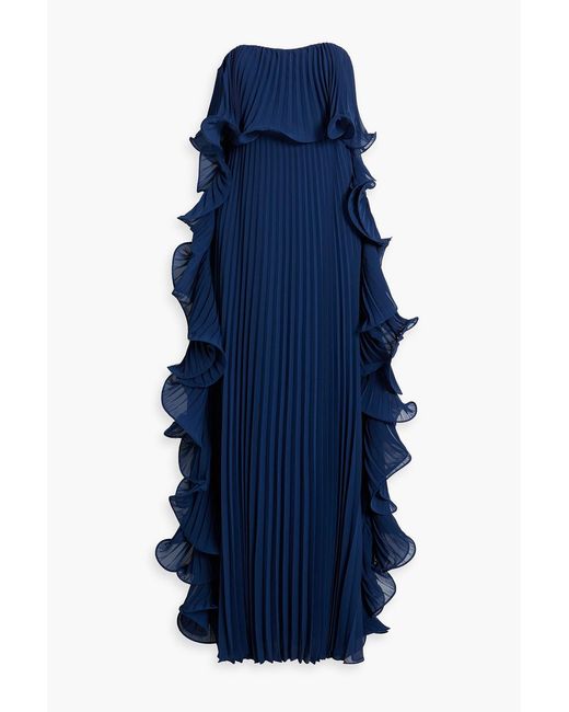 Badgley Mischka Blue Strapless Ruffled Pleated Chiffon Gown