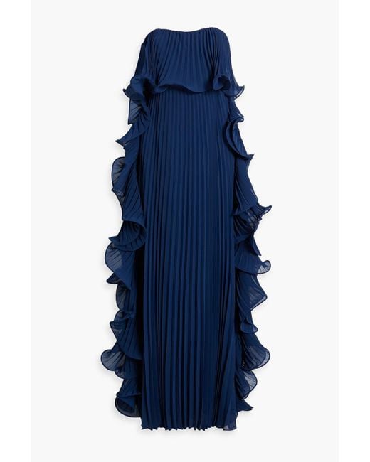 Badgley Mischka Blue Strapless Ruffled Pleated Chiffon Gown
