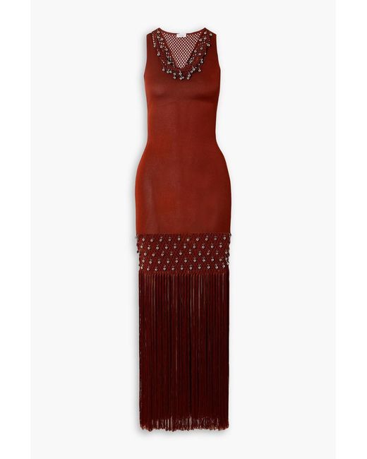 Rabanne Red Fringed Embellished Crochet Maxi Dress