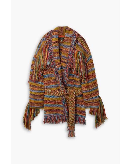 Alanui Brown Cardigan aus einer baumwollmischung mit streifen, fransen und bindegürtel