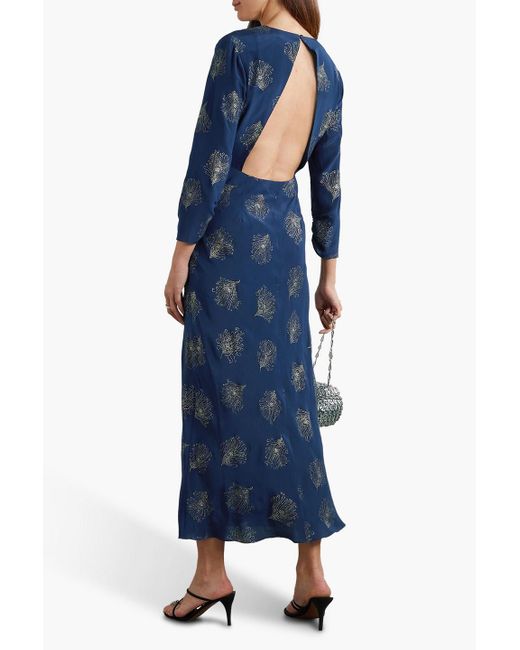Rixo Blue Rose Cutout Ruffled Glittered Silk-crepe Midi Dress