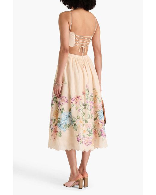 Zimmermann Natural Cutout Floral-Print Linen Midi Dress