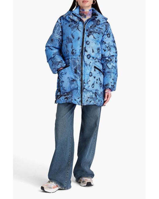 Ganni Blue Margarita Oversized Quilted Printed Shell Hooded Jacket