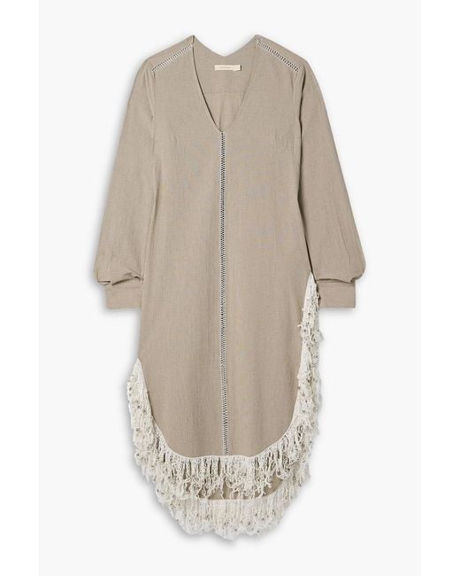 DIOTIMA White Una Oversized Fringed Bead-embellished Checked Cotton Midi Dress