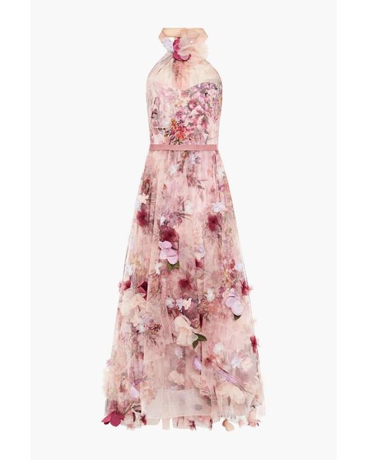 Marchesa notte Pink Floral-appliquéd Gathered Floral-print Tulle Gown
