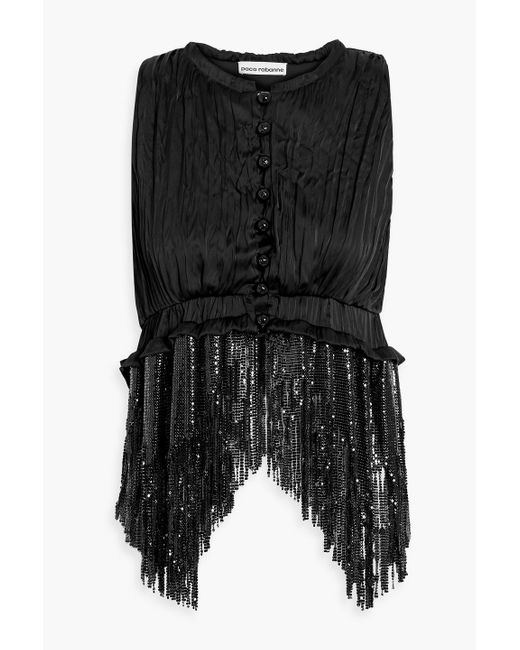 Rabanne Black Fringed Chainmail And Plissé-satin Top