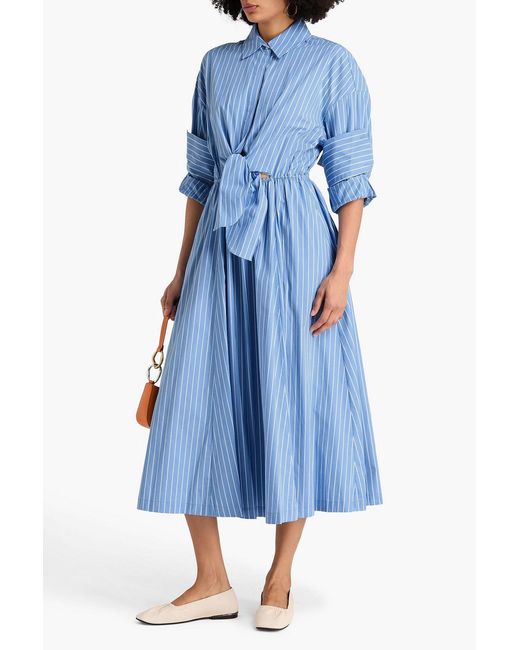Staud Blue Lisa Knotted Striped Cotton-blend Midi Shirt Dress