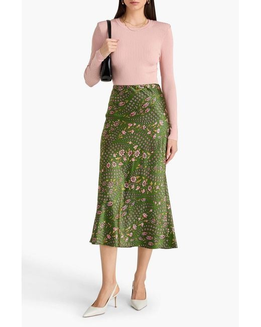 Veronica Beard Green Floral-Print Satin Midi Skirt