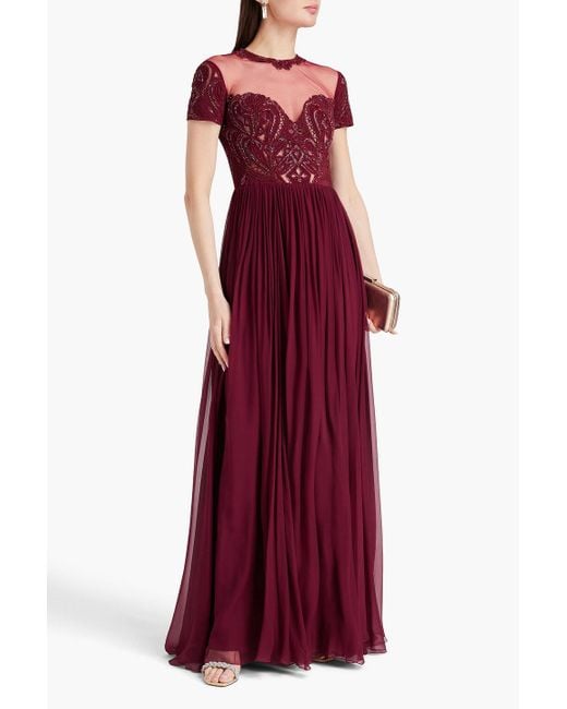 Zuhair Murad Red Embellished Tulle-paneled Silk-blend Chiffon And Crepe De Chine Gown