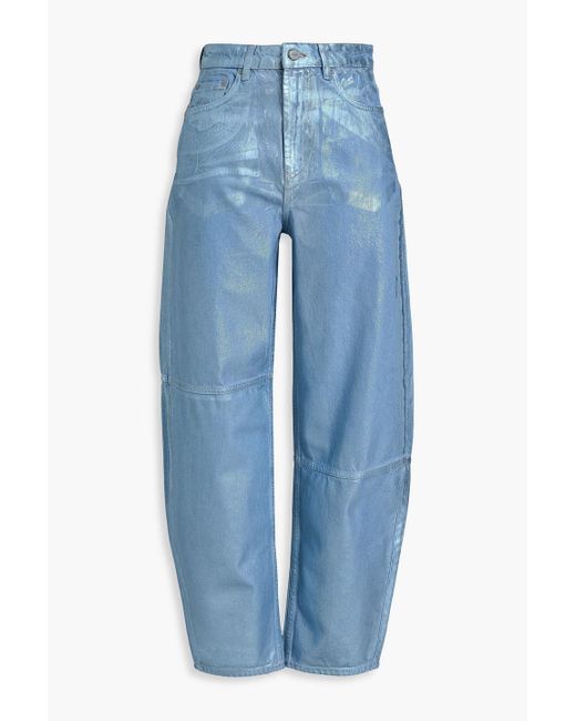 Ganni Blue Metallic Coated High-rise Barrel-leg Jeans