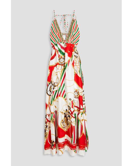 Camilla Red Crystal-embellished Printed Silk-twill Maxi Dress