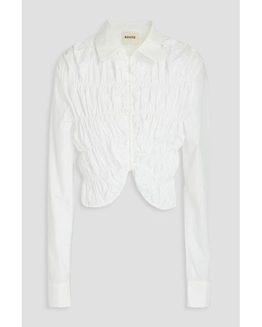 Khaite White Brena Cropped Ruched Cotton-poplin Shirt