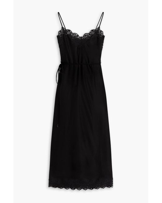 Zimmermann Black Slip dress aus satin in midilänge mit spitzenbesatz, schleife und gürtel
