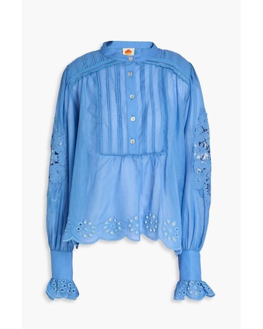 Farm Rio Blue Lace-Trimmed Cotton-Voile Blouse