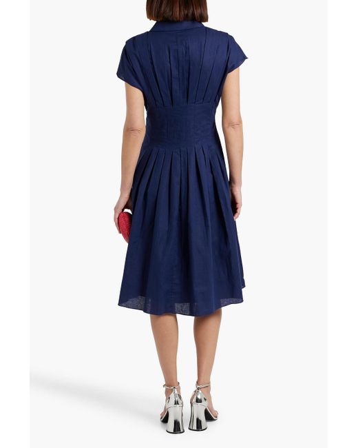 Mikael Aghal Blue Pleated Cotton And Linen-blend Shirt Dress