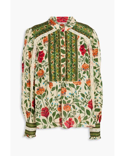 Farm Rio Green Lace-trimmed Floral-print Cotton-blend Blouse