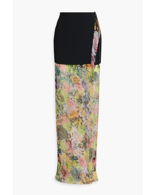 Dries Van Noten Black Crepe-paneled Printed Silk-blend Georgette Maxi Skirt