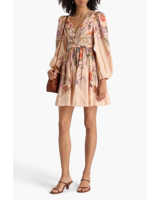 Zimmermann Pink Pleated Floral-Print Linen Mini Dress