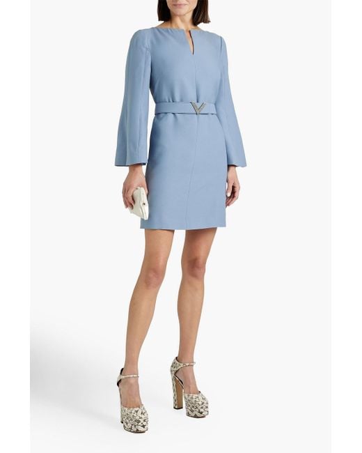 Valentino Garavani Blue Belted Wool And Silk-blend Crepe Mini Dress