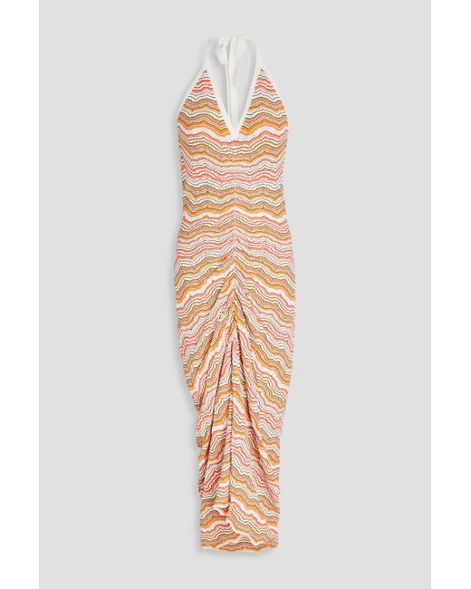 Veronica Beard White Armelle Striped Pointelle-knit Halterneck Midi Dress