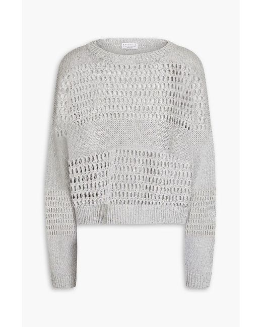 Brunello Cucinelli White Sequined Open-knit Sweater