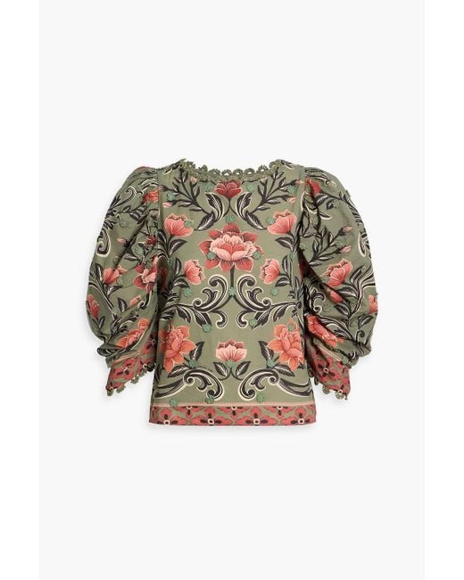 Farm Rio Green Appliquéd Floral-Print Cotton-Voile Blouse