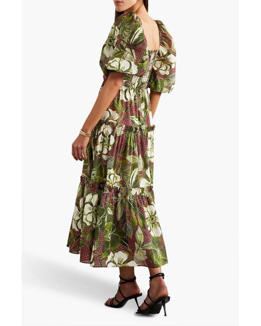 Cara Cara Green Tiered Floral-print Cotton-voile Midi Dress