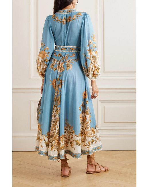 Zimmermann Blue Chintz Belted Floral-print Cotton Midi Dress