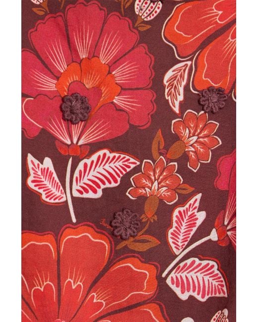 Farm Rio Red Appliquéd Floral-Print Cotton-Voile Blouse