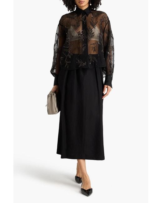 Brunello Cucinelli Black Embellished Silk-Organza Shirt