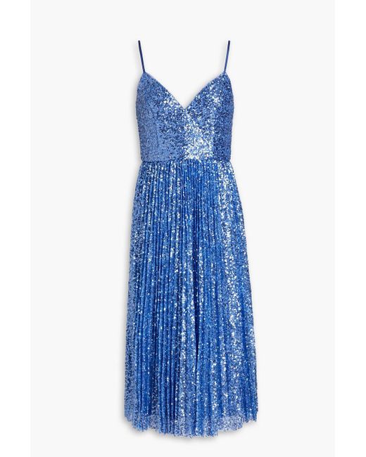 Aidan Mattox Blue Pleated Sequined Tulle Midi Dress