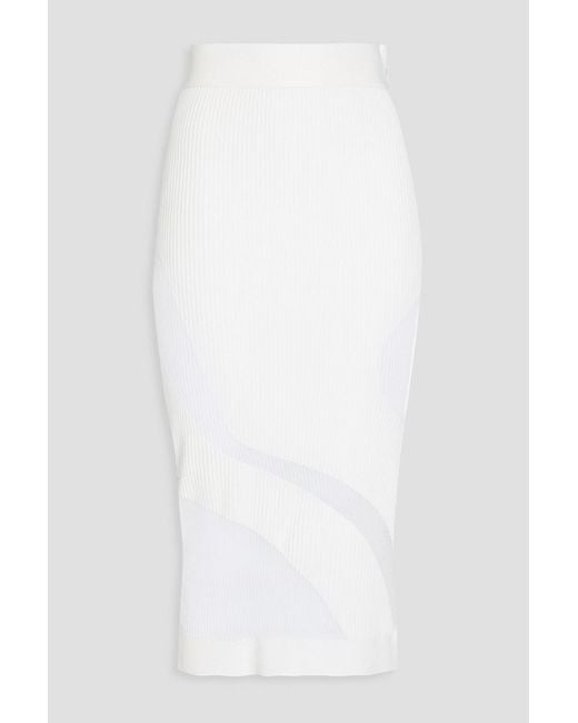 Hervé Léger White Tulle-trimmed Ribbed-knit Midi Skirt