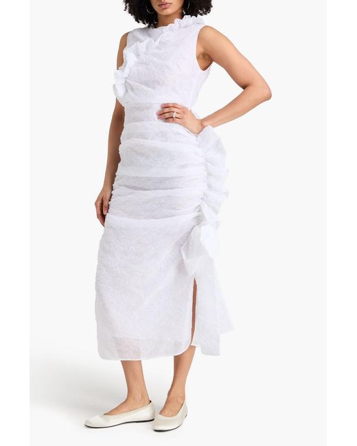 CECILIE BAHNSEN White Gabriella Ruffled Cloqué Midi Dress