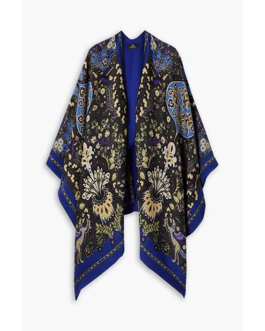 Etro Blue Printed Wool-blend Twill Cape