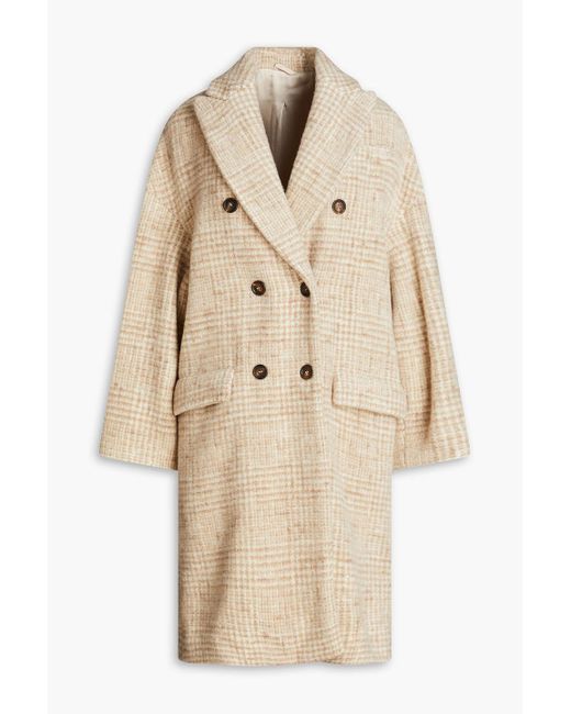 Brunello Cucinelli Natural Double-breasted Prince Of Wales Checked Alpaca-blend Coat