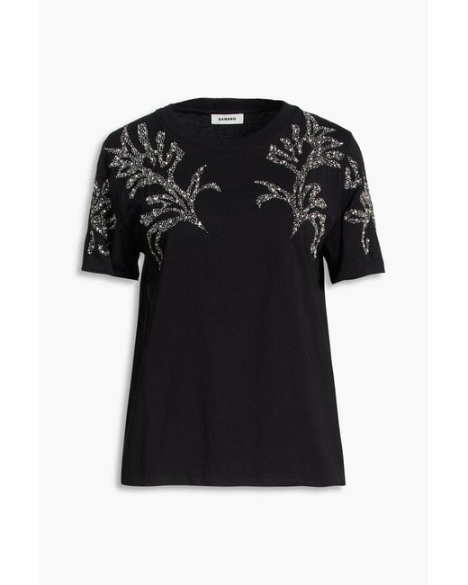 Sandro Black Embellished Cotton-Jersey T-Shirt