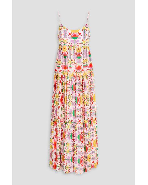 Borgo De Nor White Merle Tiered Floral-print Satin-crepe Maxi Dress