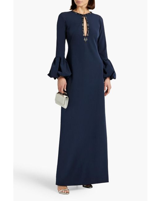 Marchesa Blue Cutout Embellished Crepe Gown