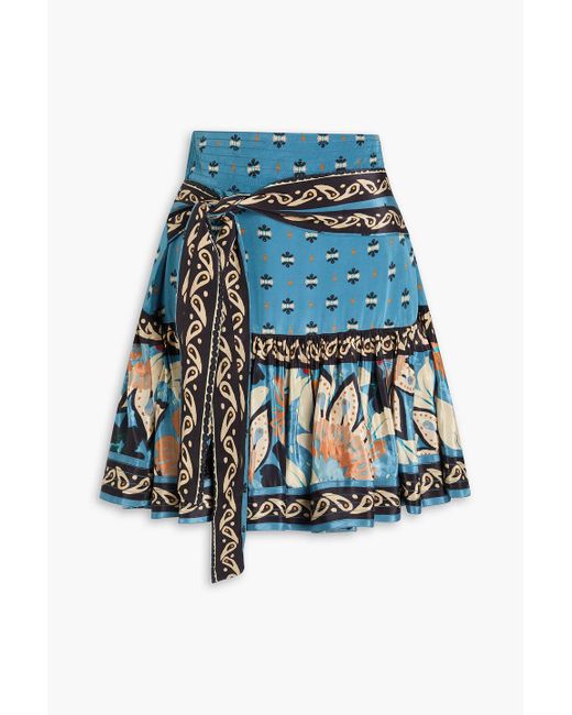 Farm Rio Blue Gathered Printed Crepe De Chine Mini Skirt
