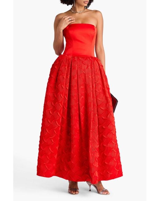 Jonathan Simkhai Red Azriel Strapless Plissé-Satin Gown
