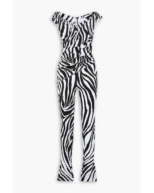 Halpern Black Off-the-shoulder Zebra-print Satin Jumpsuit