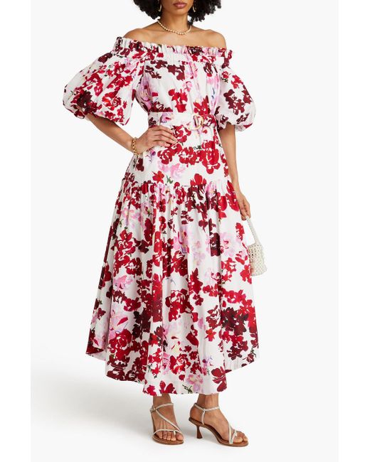 Aje. Red Riviera Off-the-shoulder Floral-print Cotton-poplin Dress