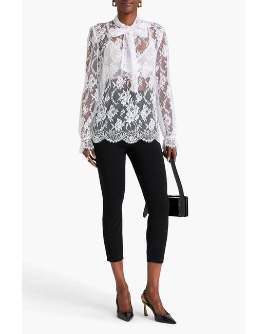 Dolce & Gabbana White Pussy-Bow Cotton-Blend Lace Blouse