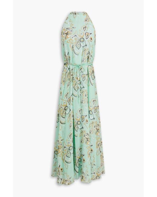 Emilio Pucci Green Belted Printed Silk-chiffon Maxi Dress