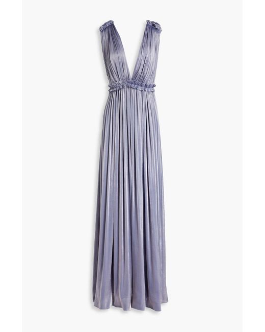 Costarellos Blue Ruched Metallic Georgette Gown