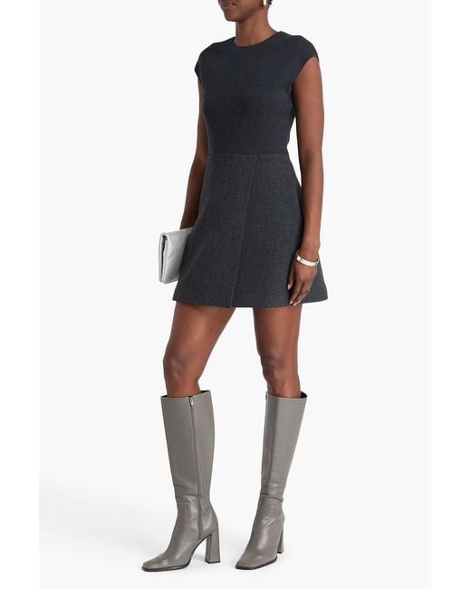 Theory Black Tweed-Paneled Merino Wool-Blend Mini Dress